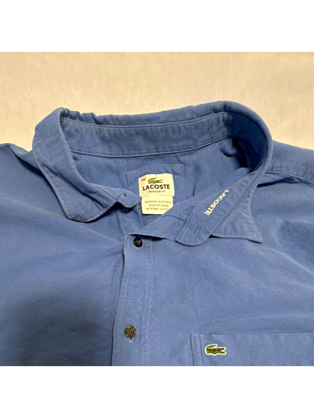 Lacoste Regular Fit Button Up Shirt Mens 46 Blue Short Sleeve Crocodile Logo